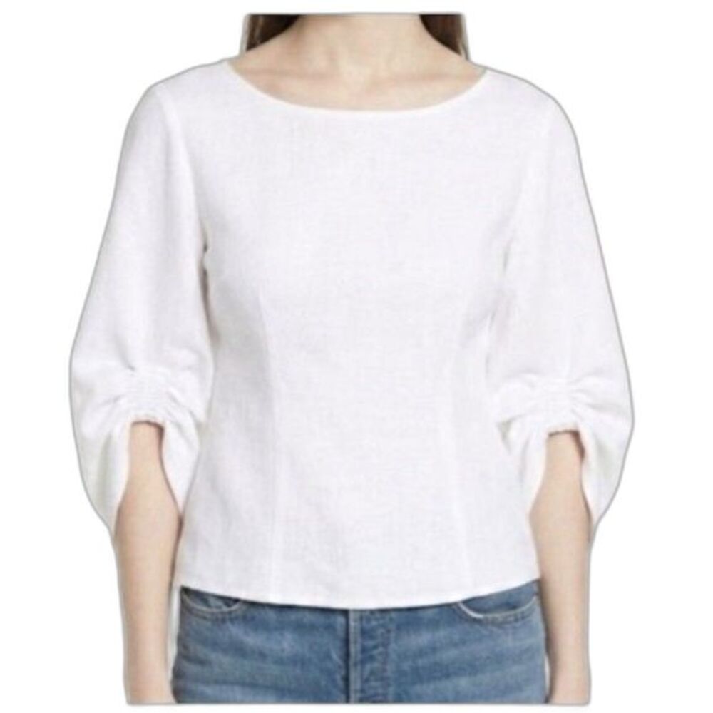 Tibi Women's White Twill Jewel Neck 3/4 Smocked Sleeve Fitted Corset Top Sz 0